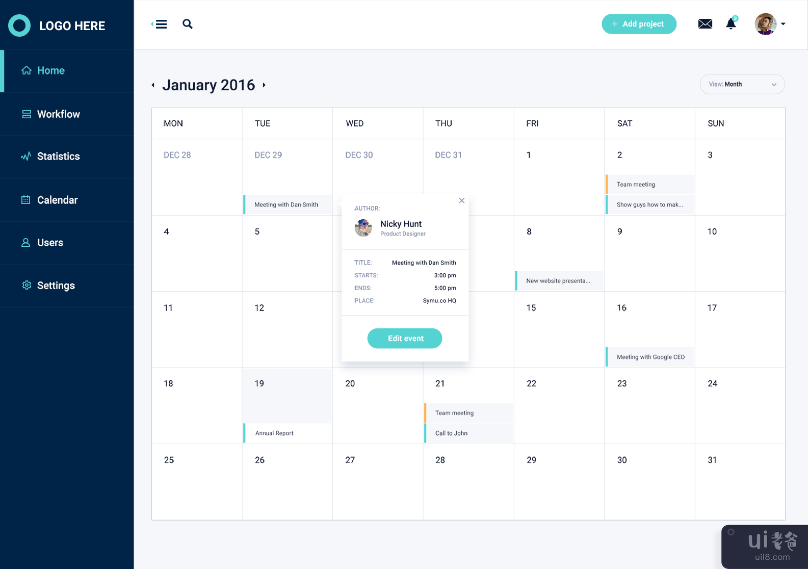仪表板日历 UI 设计(Dashboard Calendar UI Design)插图