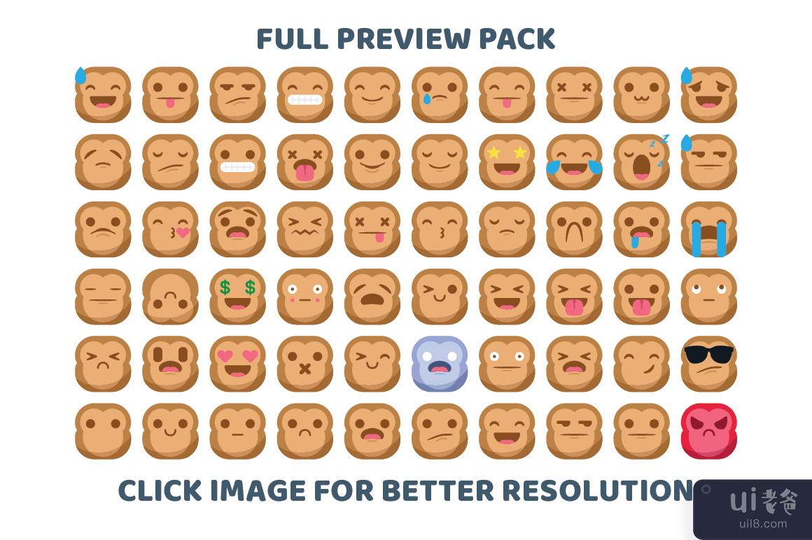猴子 emoji 表情图释笑脸表情图标集矢量(Monkey emoji emoticon smiley face expression icon set vector)插图