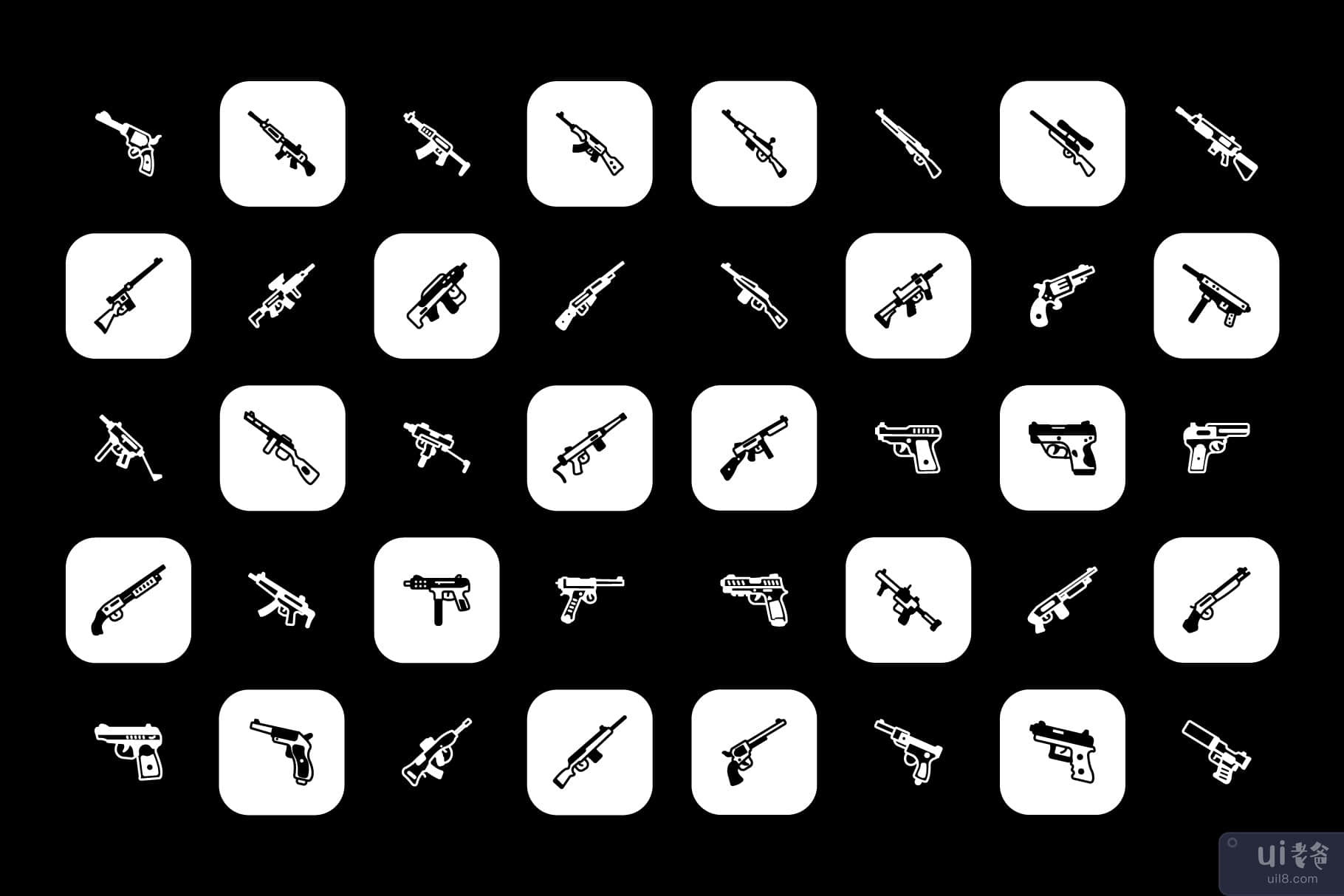 100 个独特的枪支字形线图标。(100 unique guns glyph line icons.)插图2