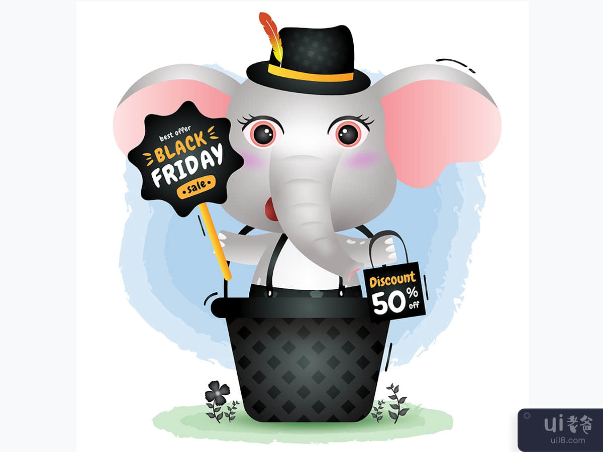 黑色星期五促销，篮子里有一头可爱的大象(Black friday sale with a cute elephant in the basket)插图