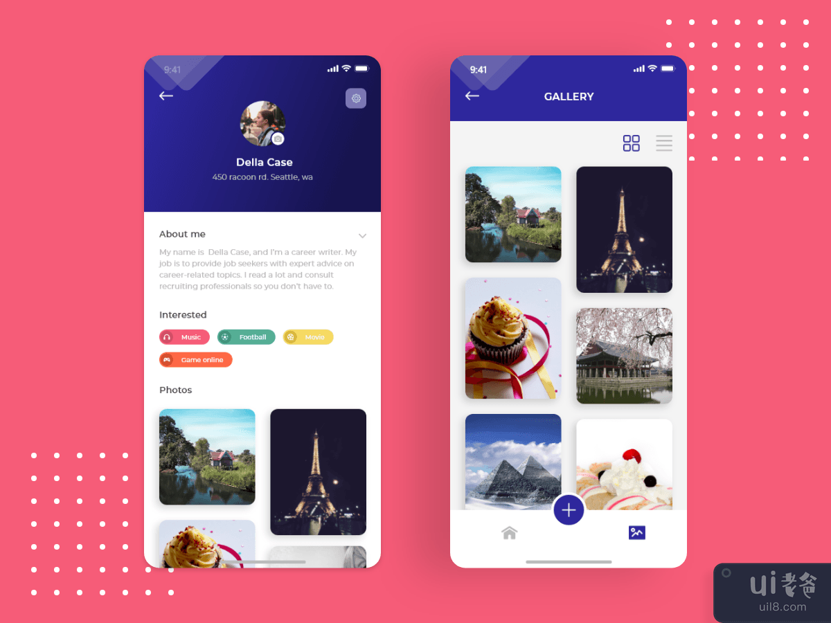 Photo Gallery and Profile concept screens for Photo Album app