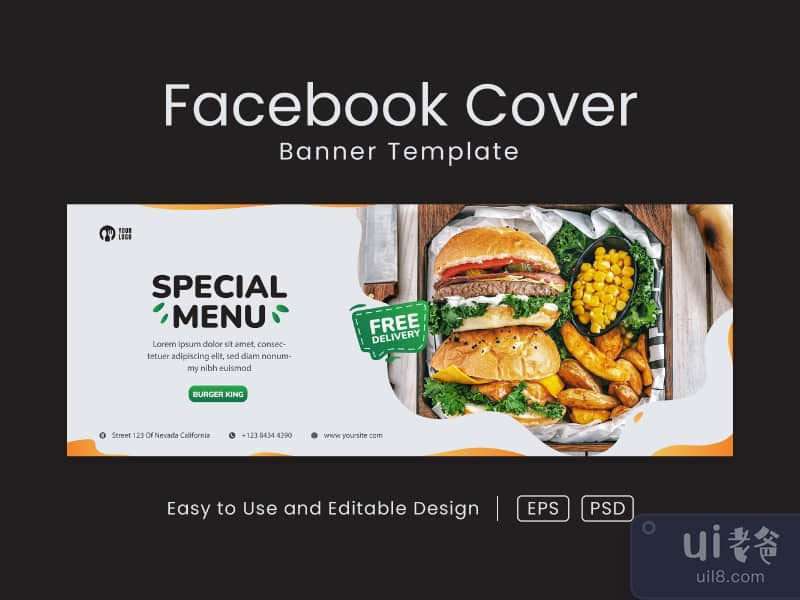 Delicious Burger facebook cover page and web banner design template