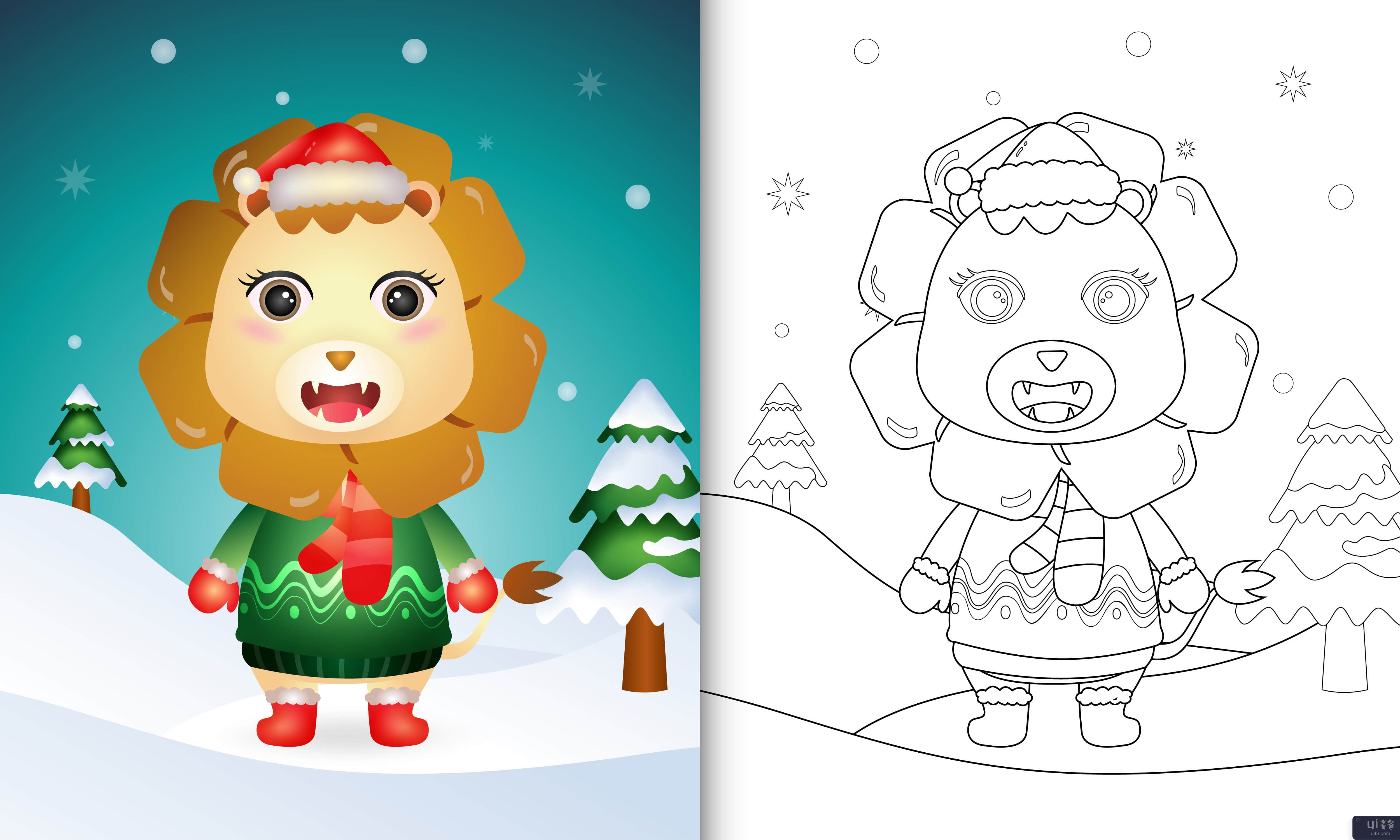 带有可爱的狮子圣诞人物的图画书(coloring book with a cute lion christmas characters)插图