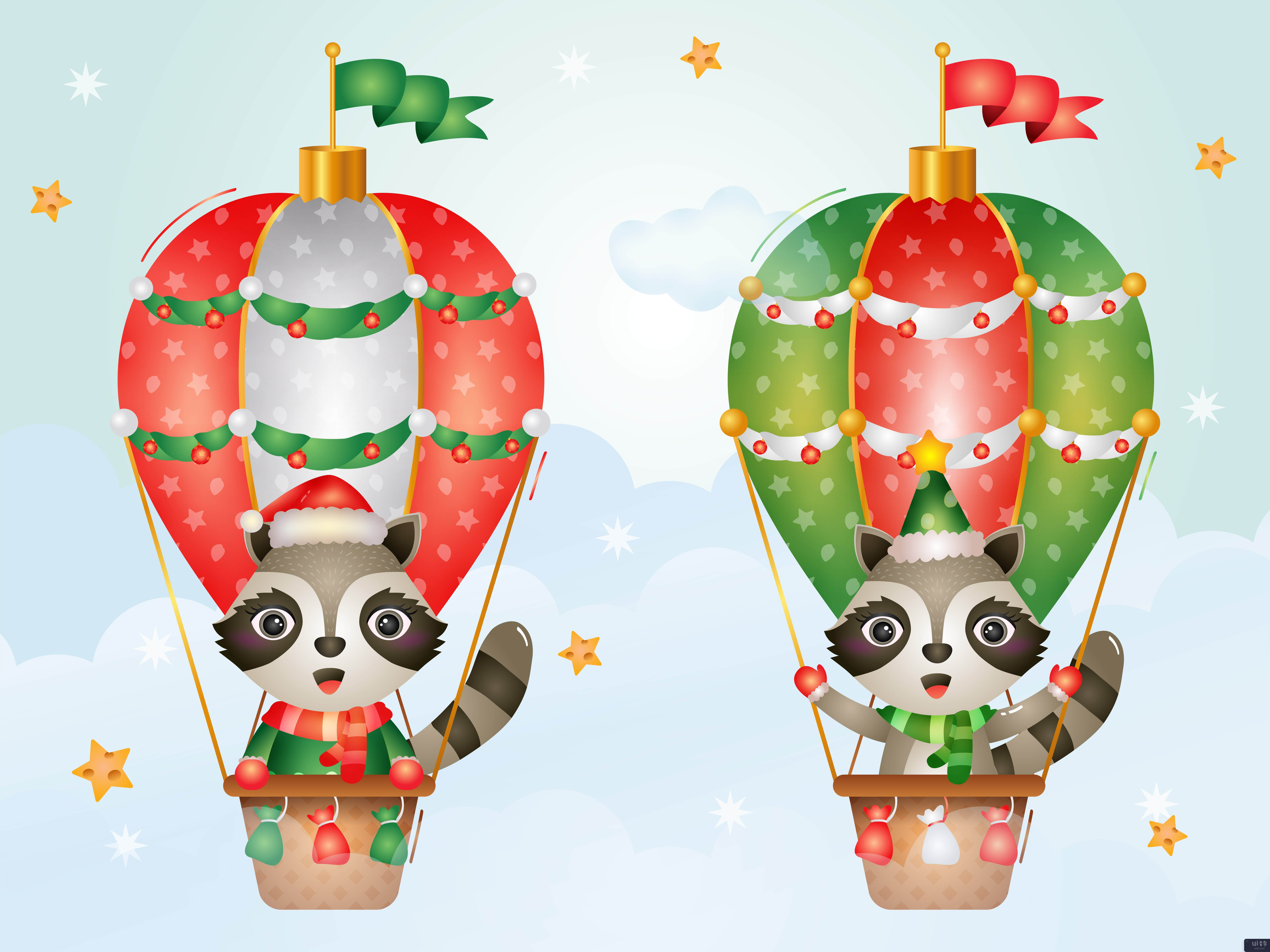 热气球上可爱的浣熊圣诞人物(Cute raccoon christmas characters on hot air balloon)插图