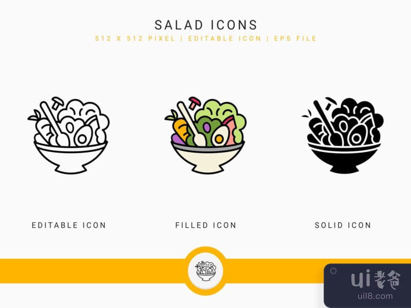Salad icons set vector illustration with solid icon line style