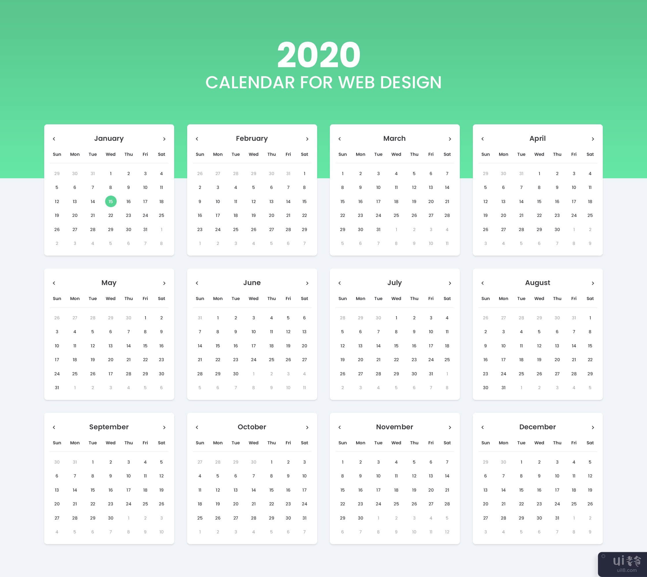 2020 年日历 UI 套件(2020 Calendar UI Kits)插图