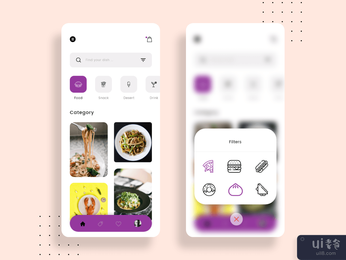 Home and Filters screens for Food app