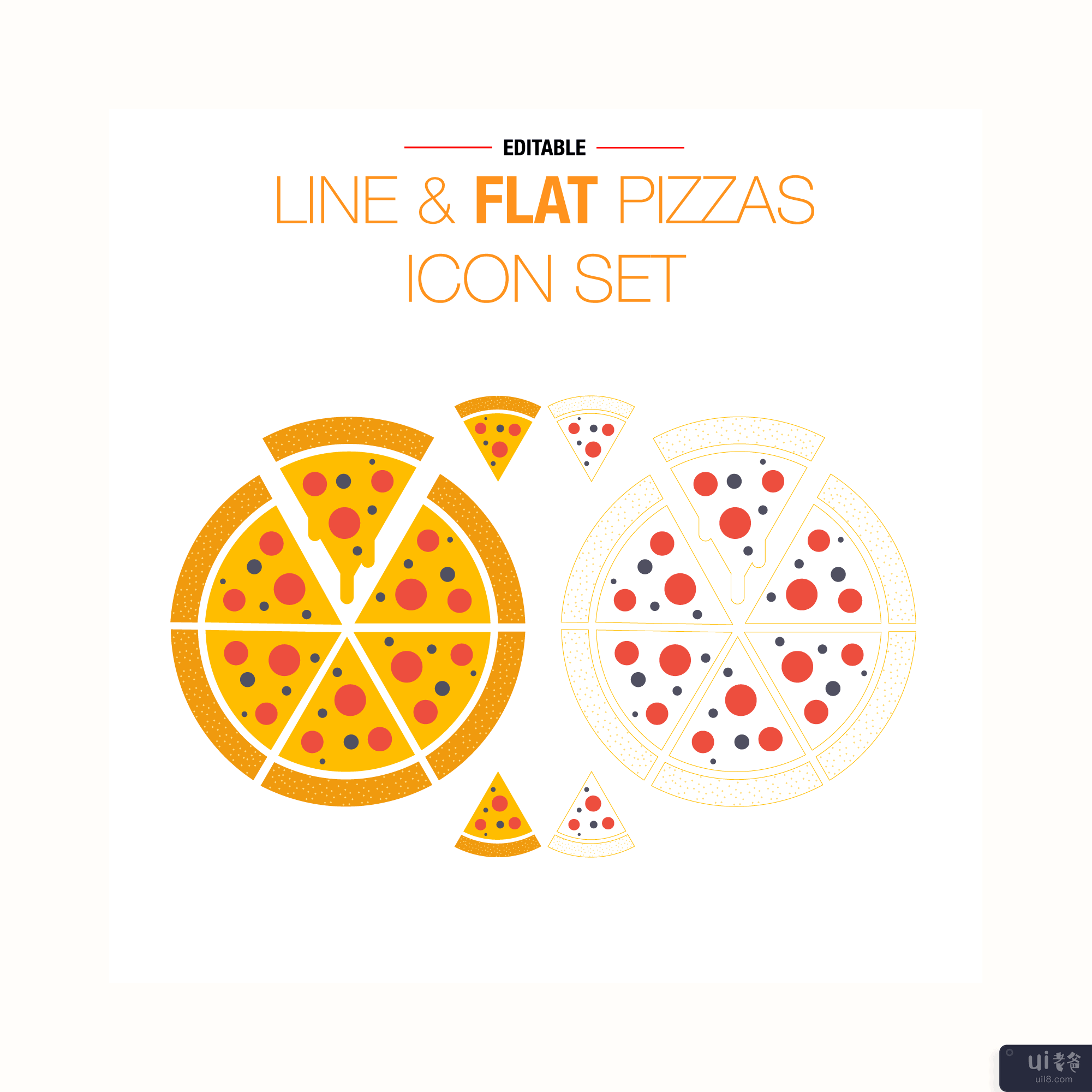 平&线比萨图标集(Flat & Line Pizzas icon set)插图