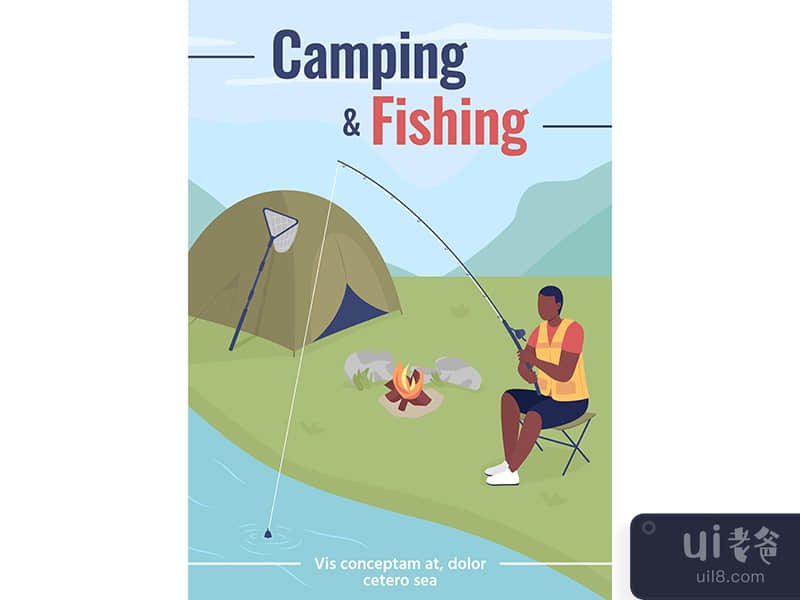 Camping and fishing poster flat vector template
