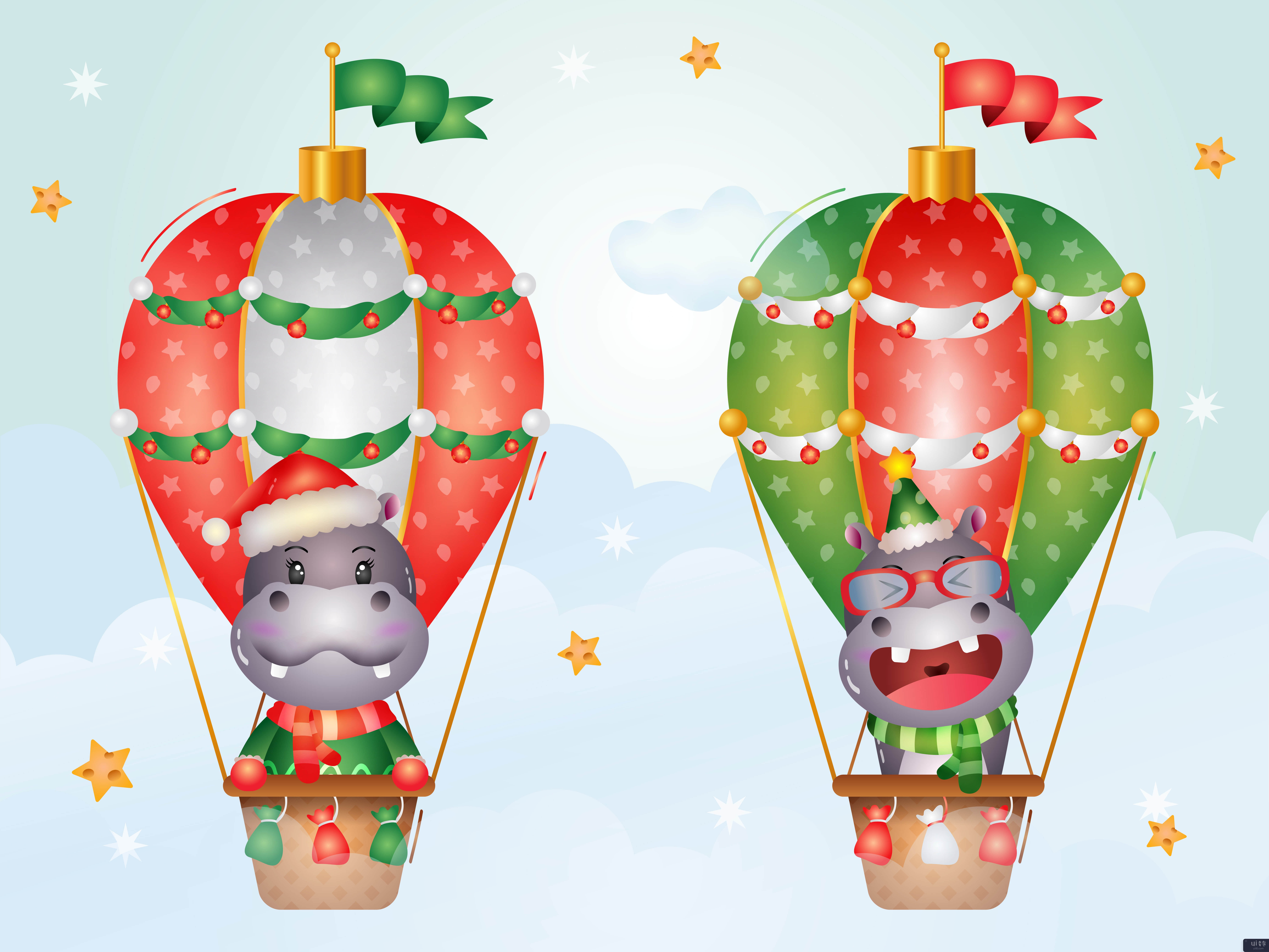热气球上可爱的河马圣诞人物(Cute hippo christmas characters on hot air balloon)插图