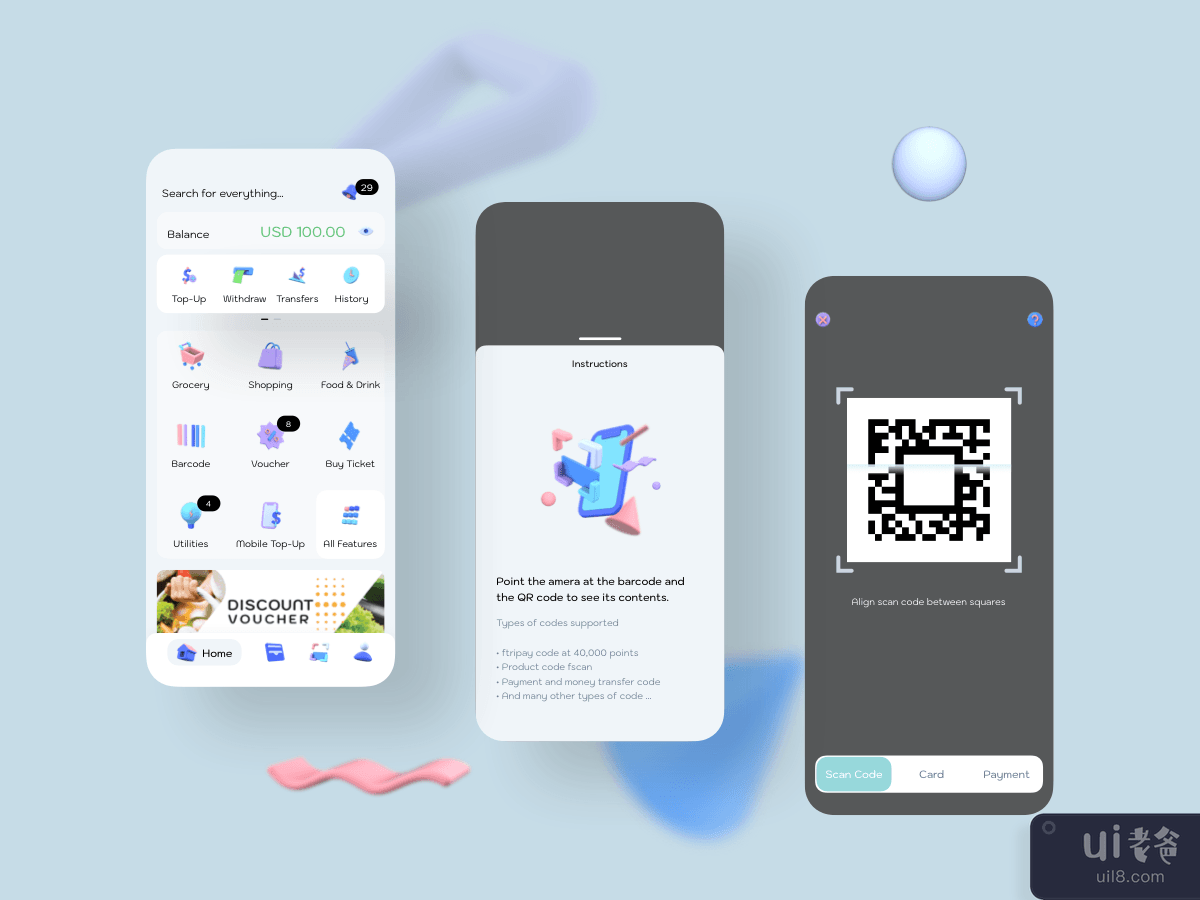 Barcode - Digital Wallet Mobile Ui kits	