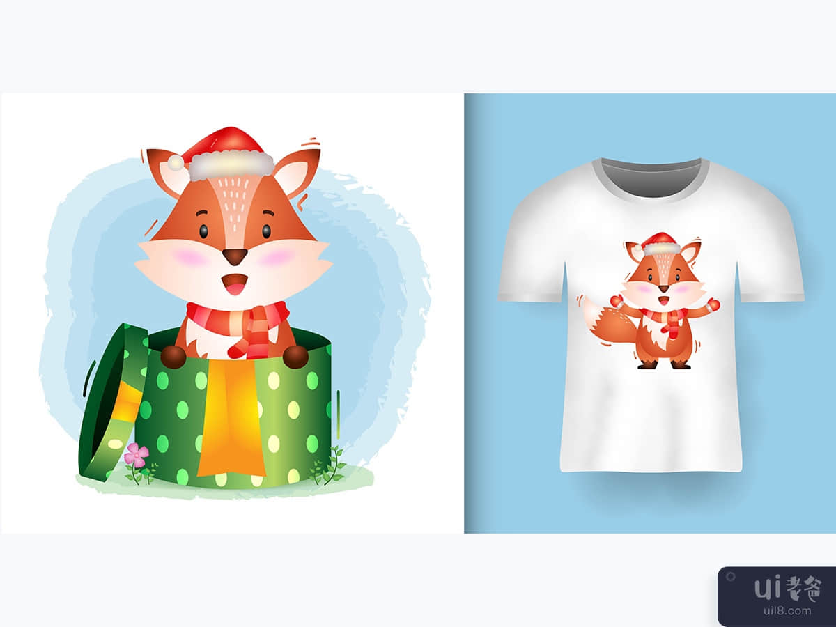狐狸角色在 T 恤设计的礼品盒中使用圣诞帽和围巾(fox characters using santa hat and scarf in the gift box with t-shirt design)插图