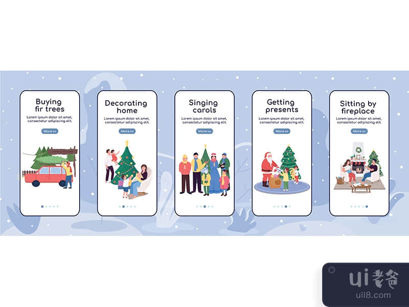 Christmas holiday season onboarding mobile app screen flat vector template