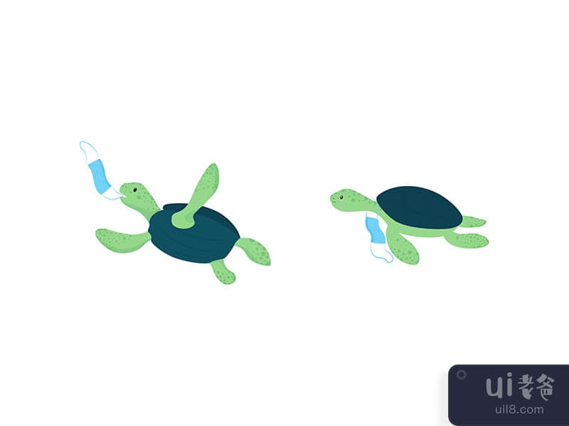 Water turtles flat color vector characters set