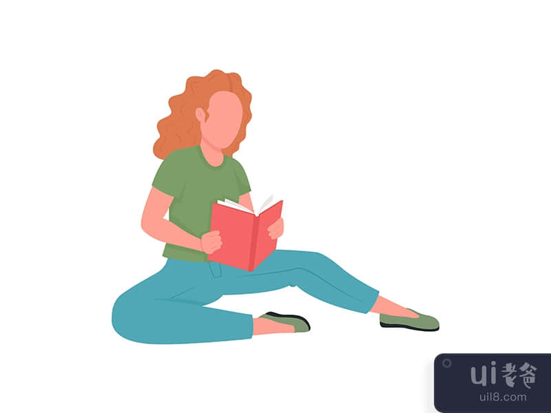 Woman reading book flat color vector faceless character