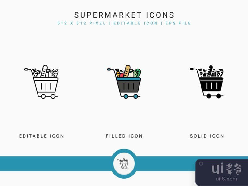 Supermarket icons set vector illustration with solid icon line style