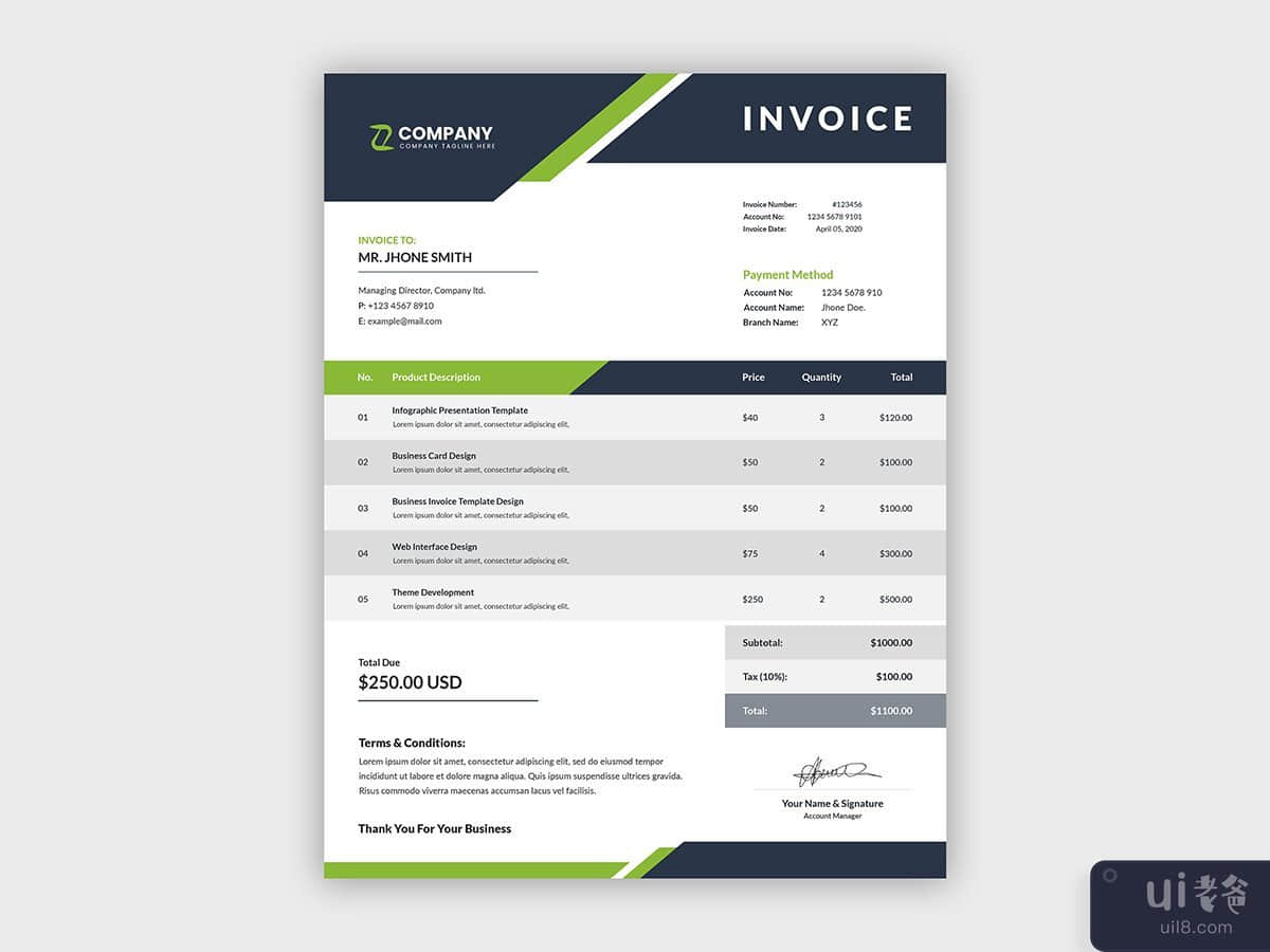 清洁抽象业务发票模板设计(Clean abstract business invoice template design)插图
