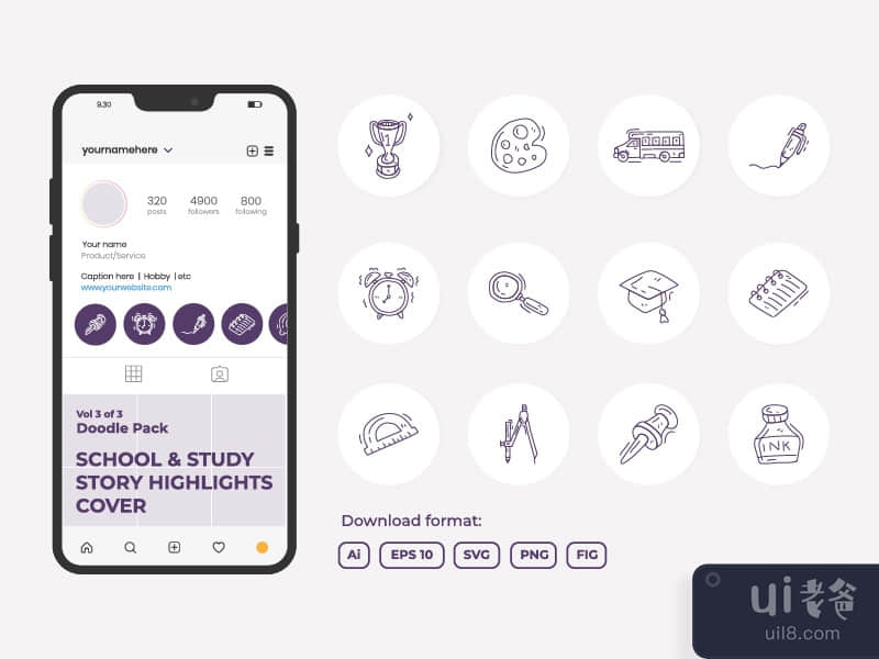 Set of School and study doodle icon for Instagram Highlight Story Cover Vol 3-3