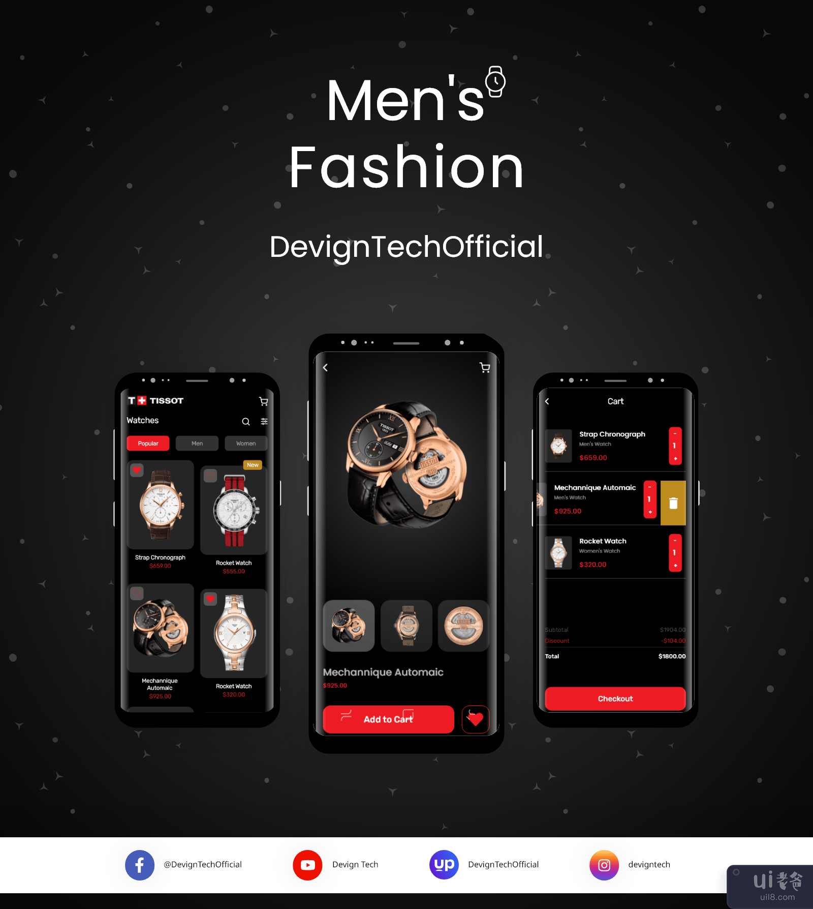 男士手表移动应用程序 UI 套件(Men's Hand Watches Mobile App UI Kit)插图