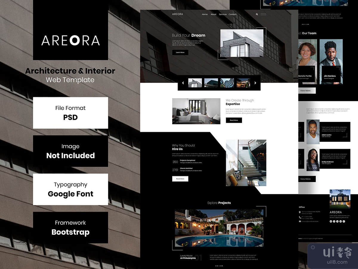 AREORA - Architecture & Interior Web Landing Page Psd Template