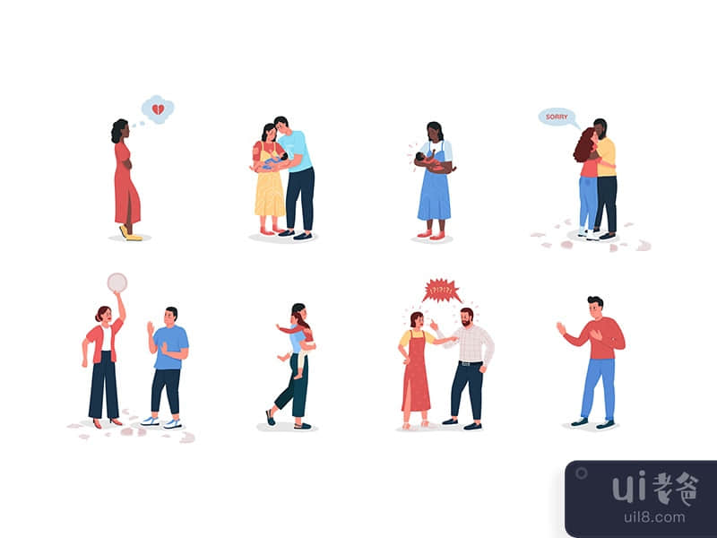 Couple with children flat color vector detailed character set