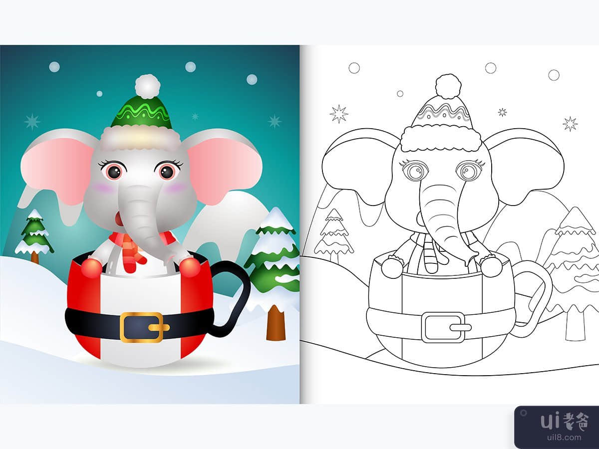 着色书与可爱的大象圣诞节(coloring book with a cute elephant christmas)插图