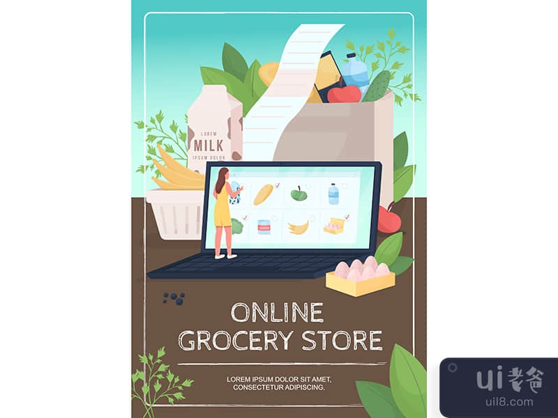 Online grocery store poster flat vector template