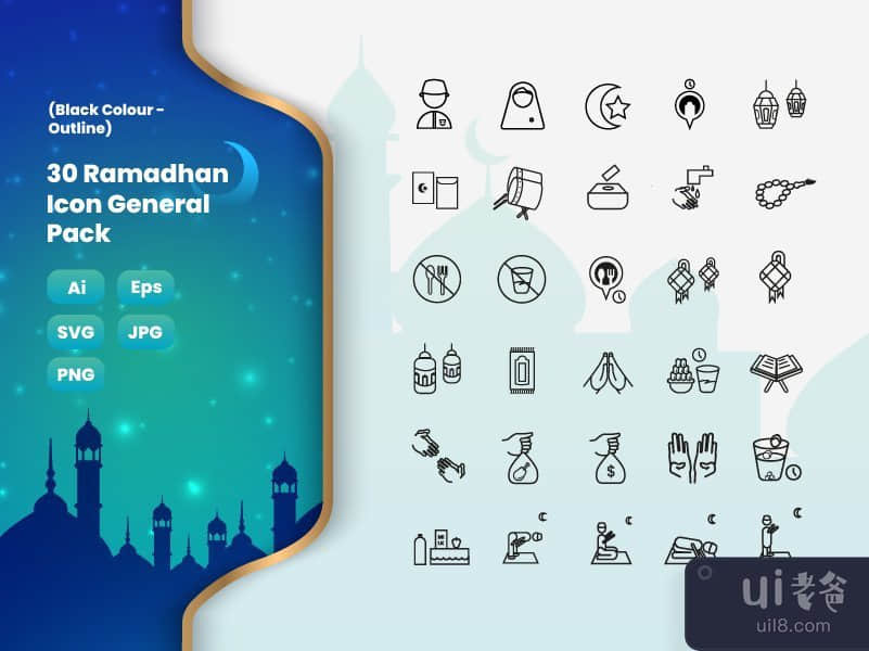 30 斋月图标包（大纲样式）(30 Ramadhan Icon Pack (Outline Style))插图