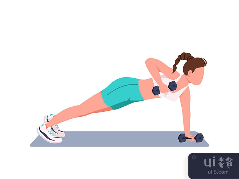 Woman doing push ups with dumbbells flat color vector faceless character