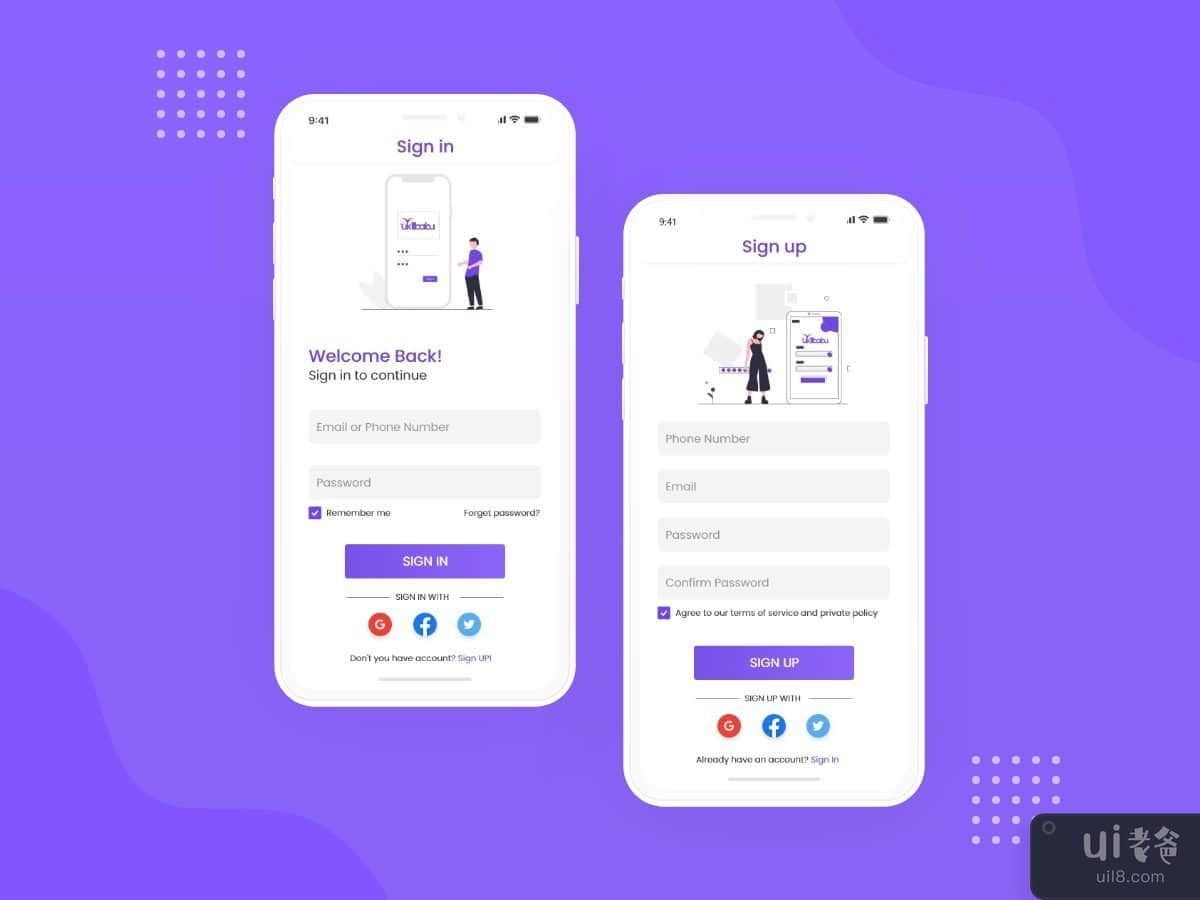 Sign In & Sign Up Mobile App Free UI kits