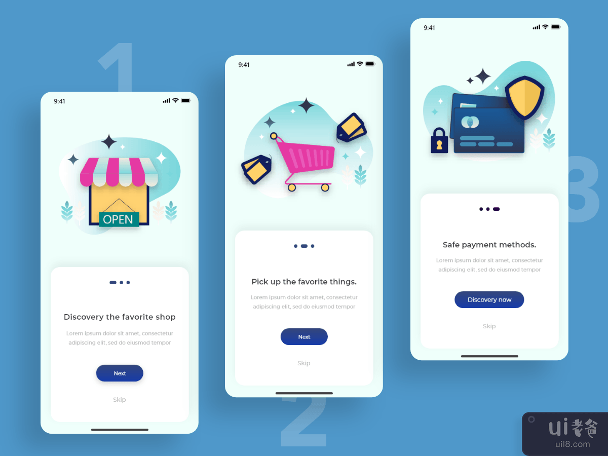 Onboard screen for Shopping Online app (3 screens)