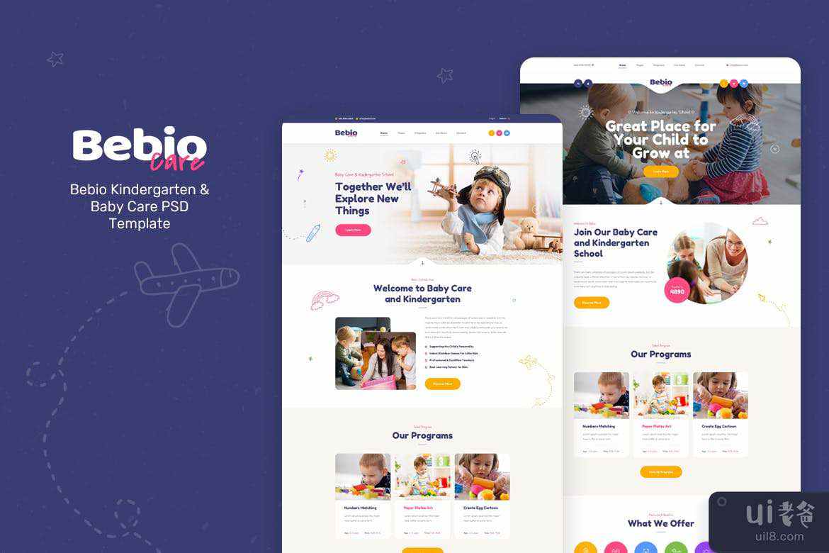 Bebio - 幼儿园和婴儿护理 PSD 模板(Bebio - Kindergarten & Baby Care PSD Template)插图