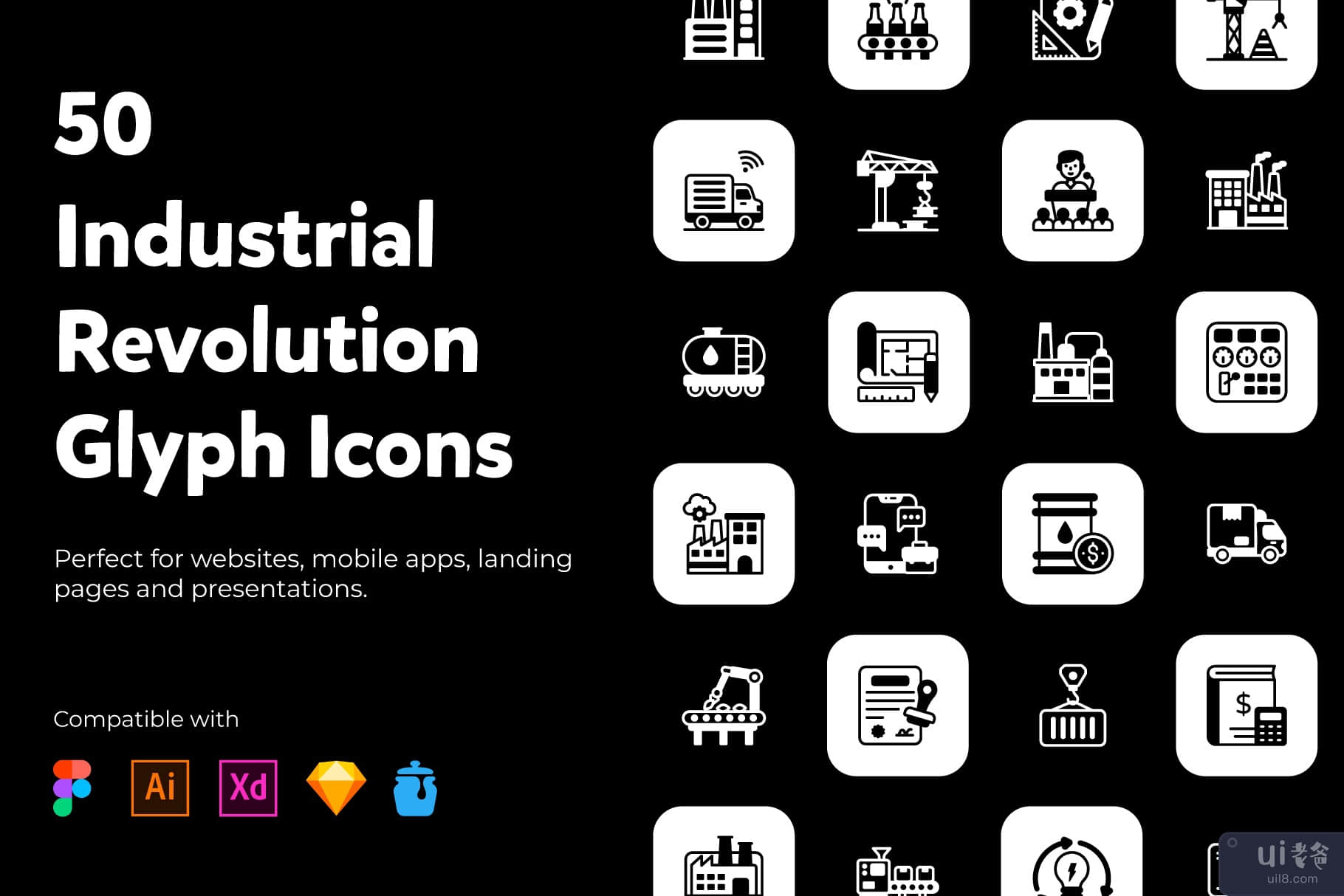 工业革命字形图标包(Industrial Revolution Glyph Icons Pack)插图