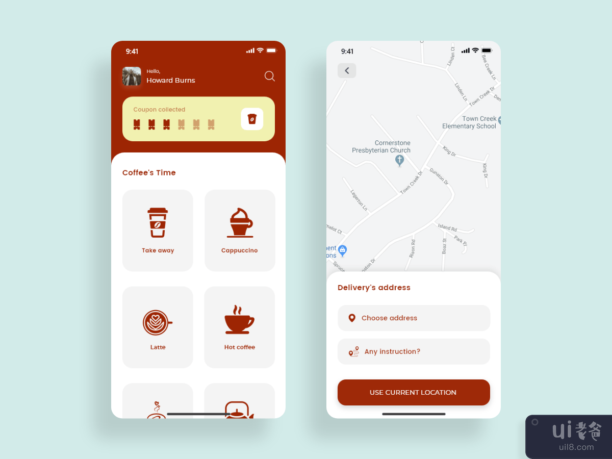 Dasboard and Delivery's address setting screens for Coffee app