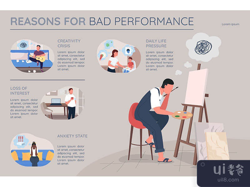 Reasons for bad performance flat color vector infographic template