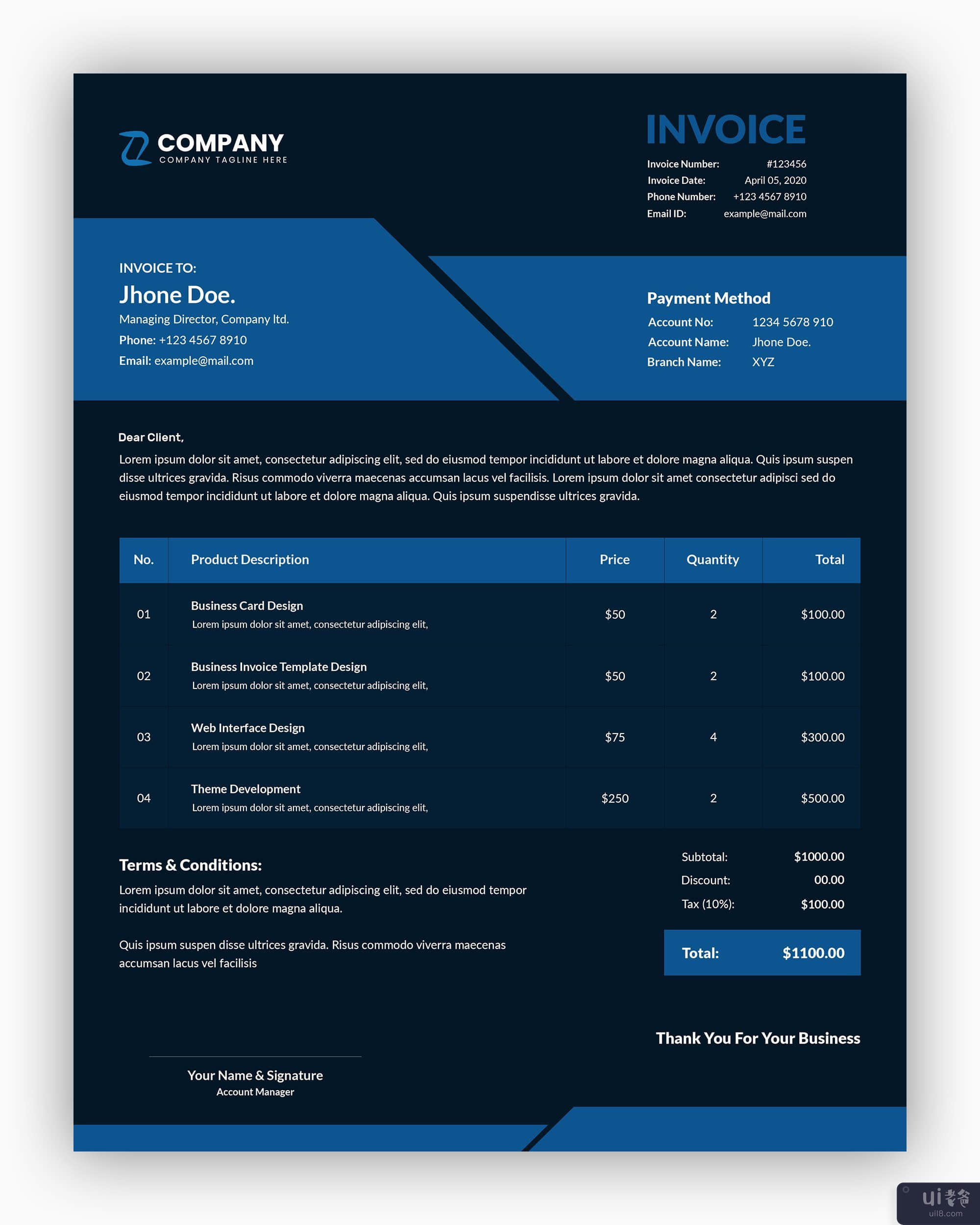 带有蓝色公司业务发票模板的抽象深色(Abstract dark with blue color corporate business invoice template)插图