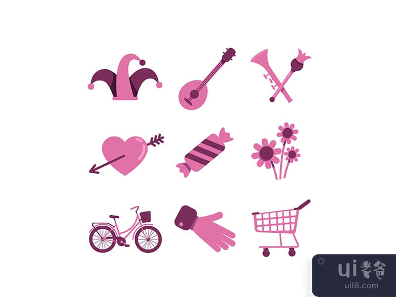 Valentines Day and shopping flat color vector objects set