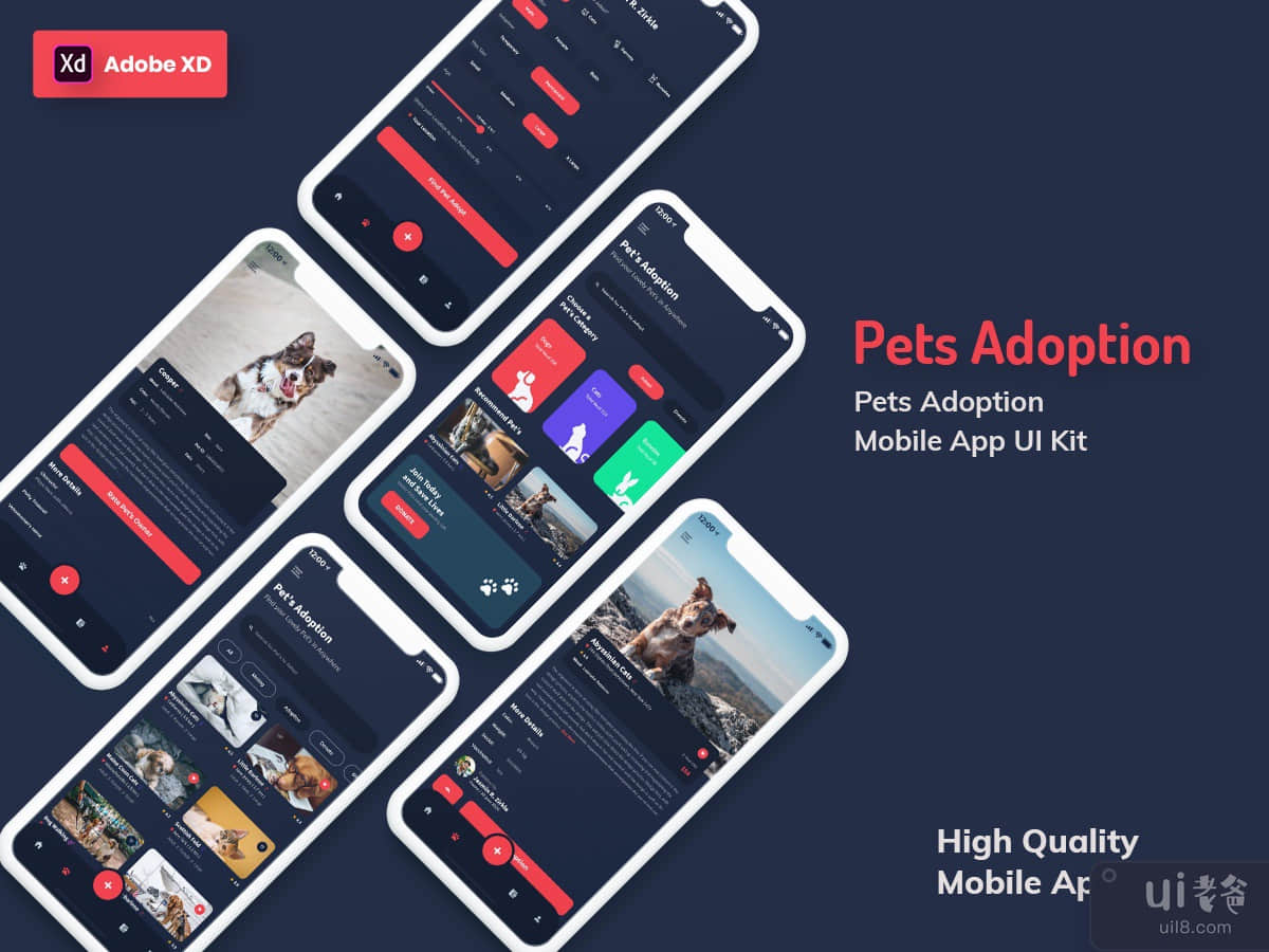 Pets Adoption Mobile App Dark Version (XD)
