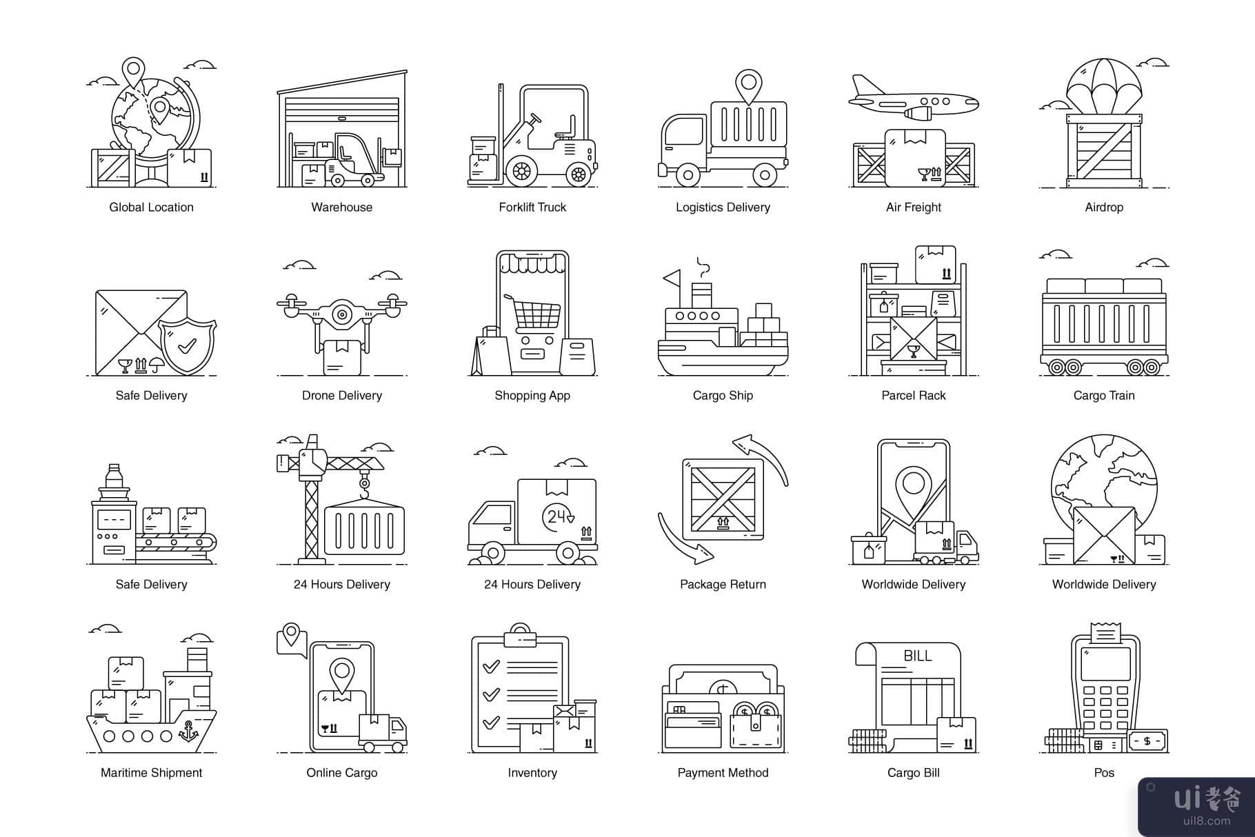 50 个物流服务行图标(50 Logistic Services Line Icons)插图2