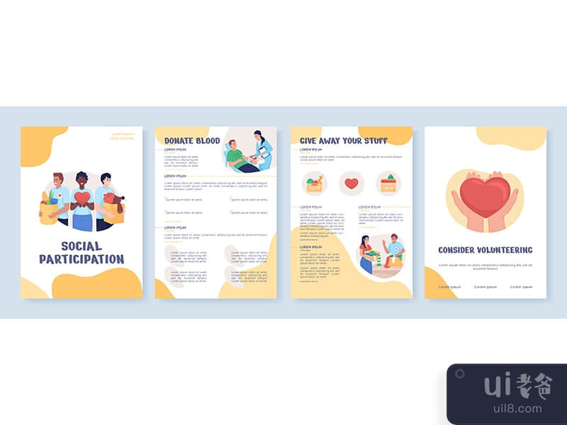Social participation in charity flat vector brochure template