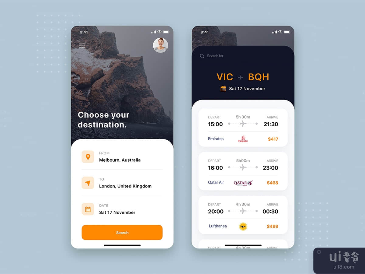 Booking Flight Mobile App UI Kit Template