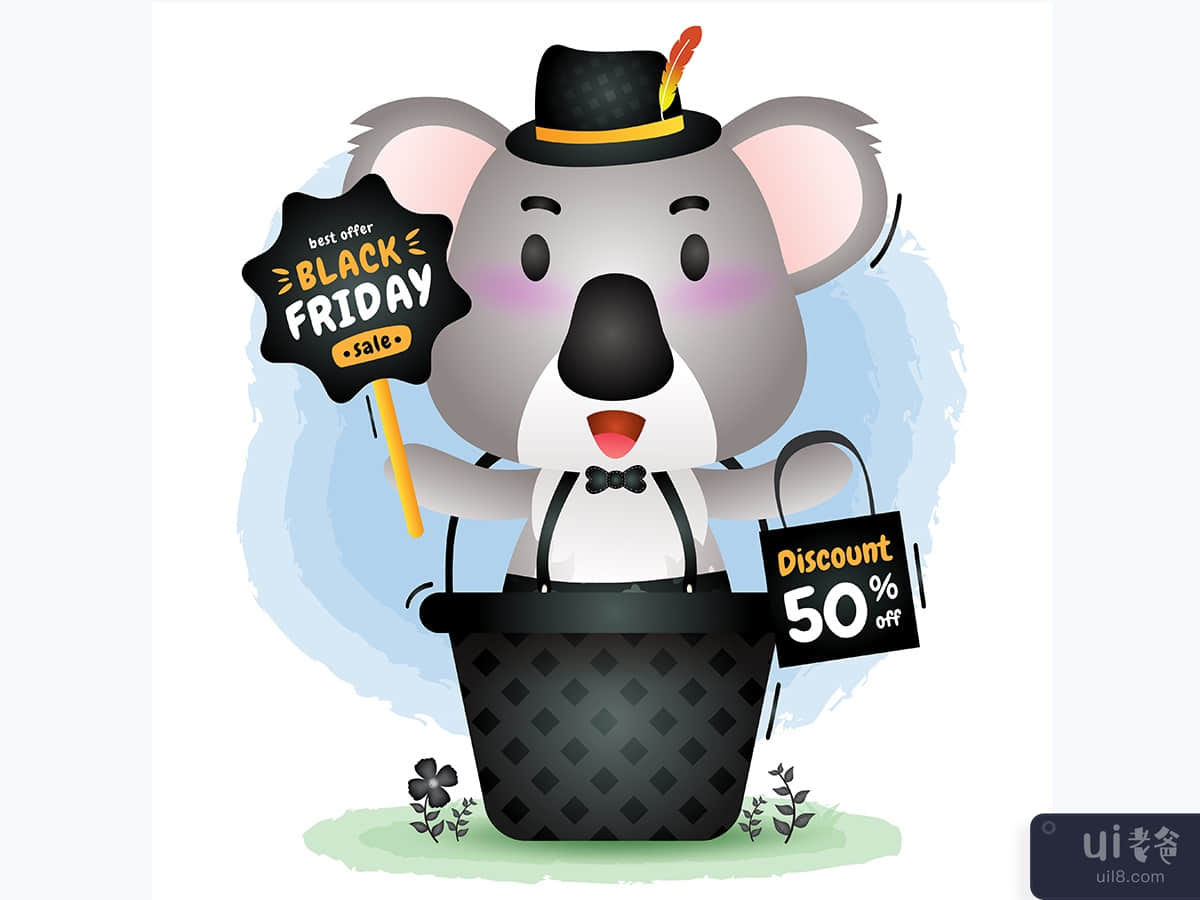 黑色星期五促销，篮子里有一只可爱的考拉(Black friday sale with a cute koala in the basket)插图