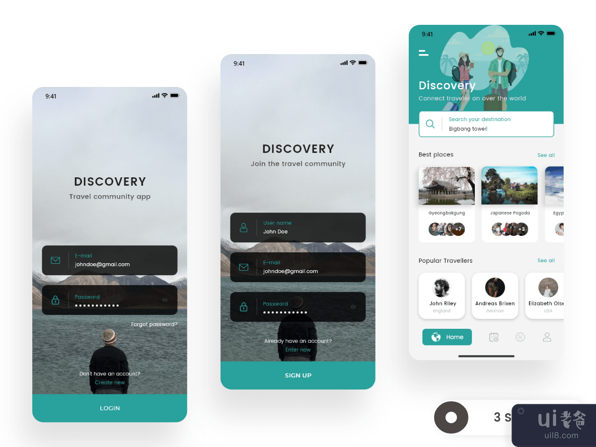 Three screens for Travel app