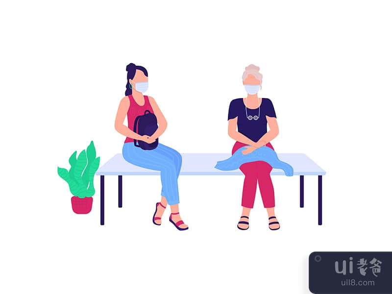 Patients in medical masks sitting on bench flat color vector faceless characters