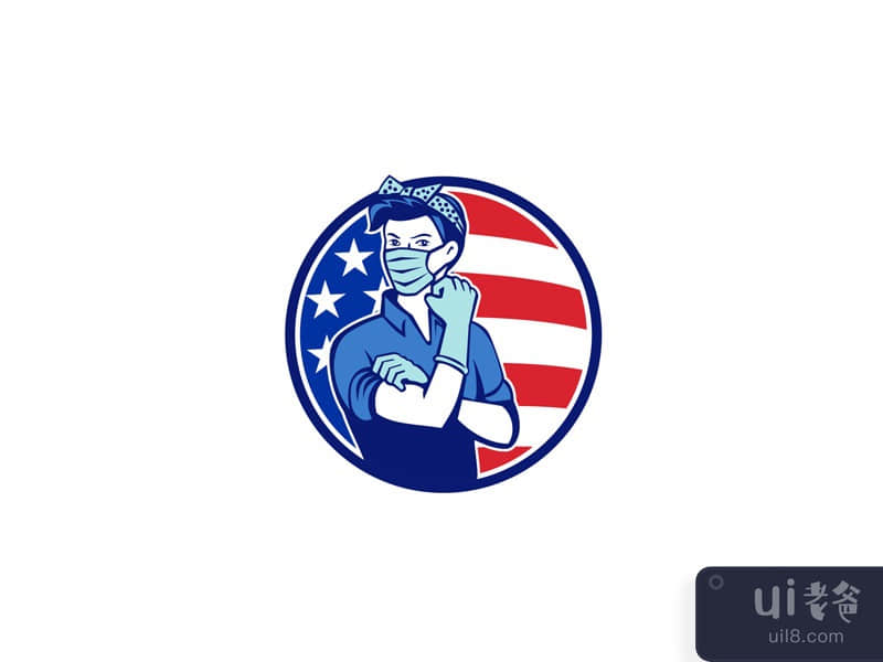 Rosie The Riveter Wearing Mask USA Flag Mascot