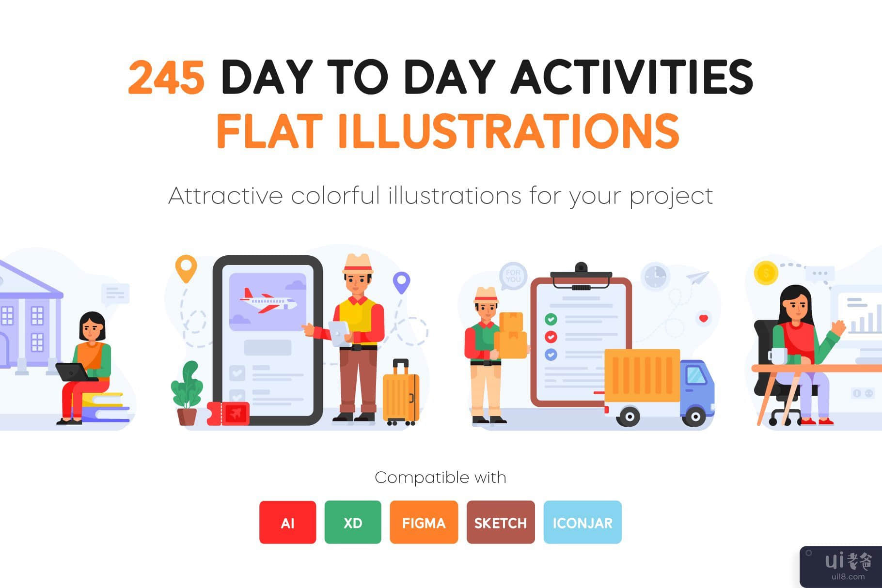 245个平面日常活动插图(245 Flat Day to Day Activities illustrations)插图6