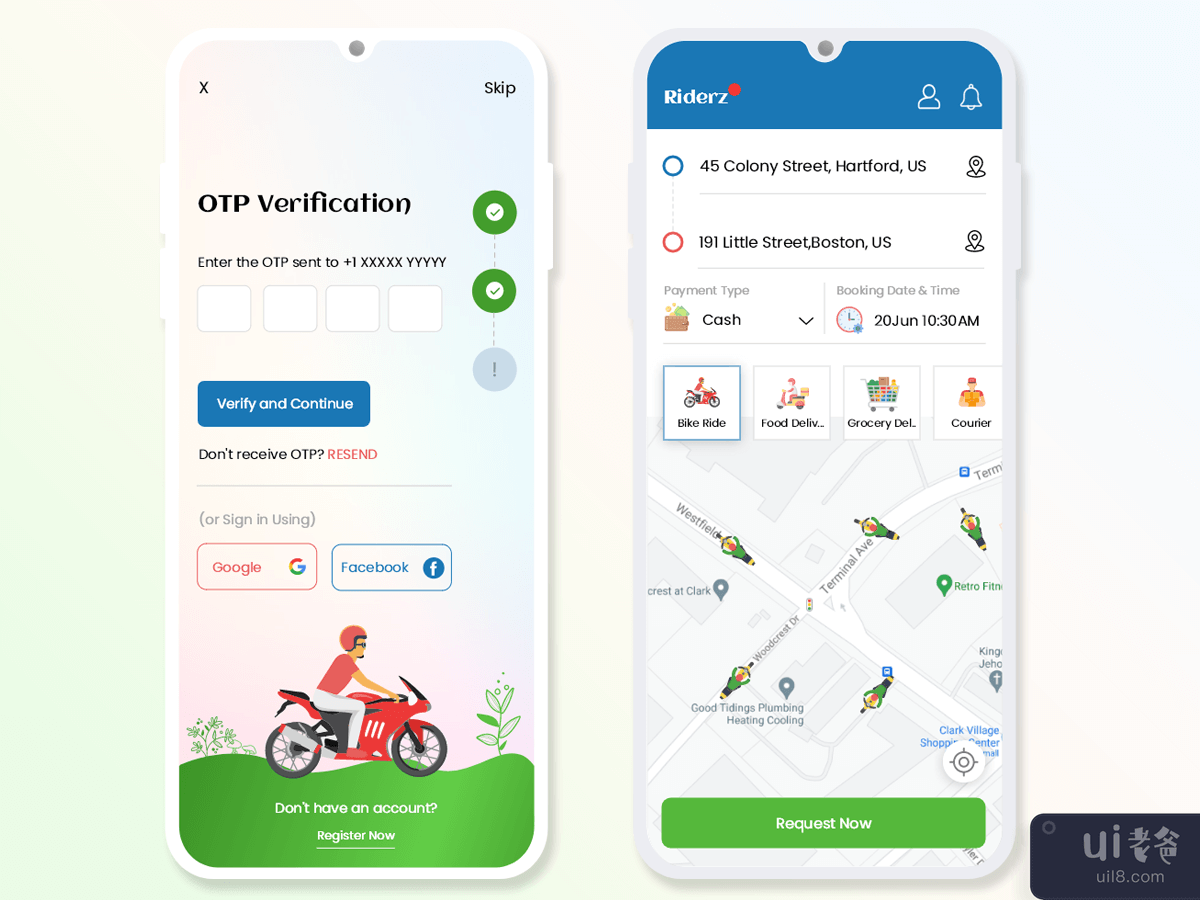骑车出租车预订和产品交付移动应用程序 UI 套件(Bike Ride Taxi Booking and Products Delivery Mobile App UI Kit)插图1