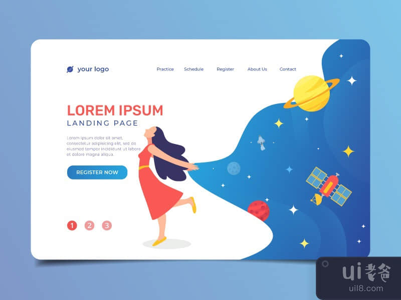 Landing page with happy woman and space background