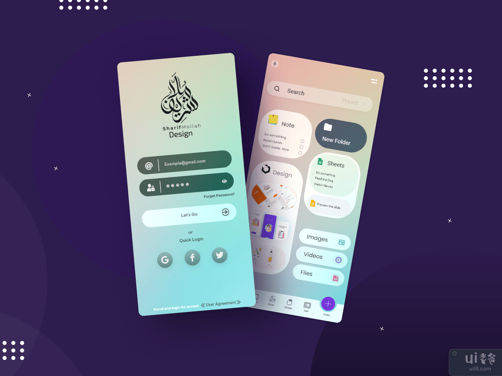 Glassmorphism cloudbase 文件管理器 UI 概念 ||文件管理器移动应用(Glassmorphism cloudbase File manager UI concepts || File manager mobile app)插图1