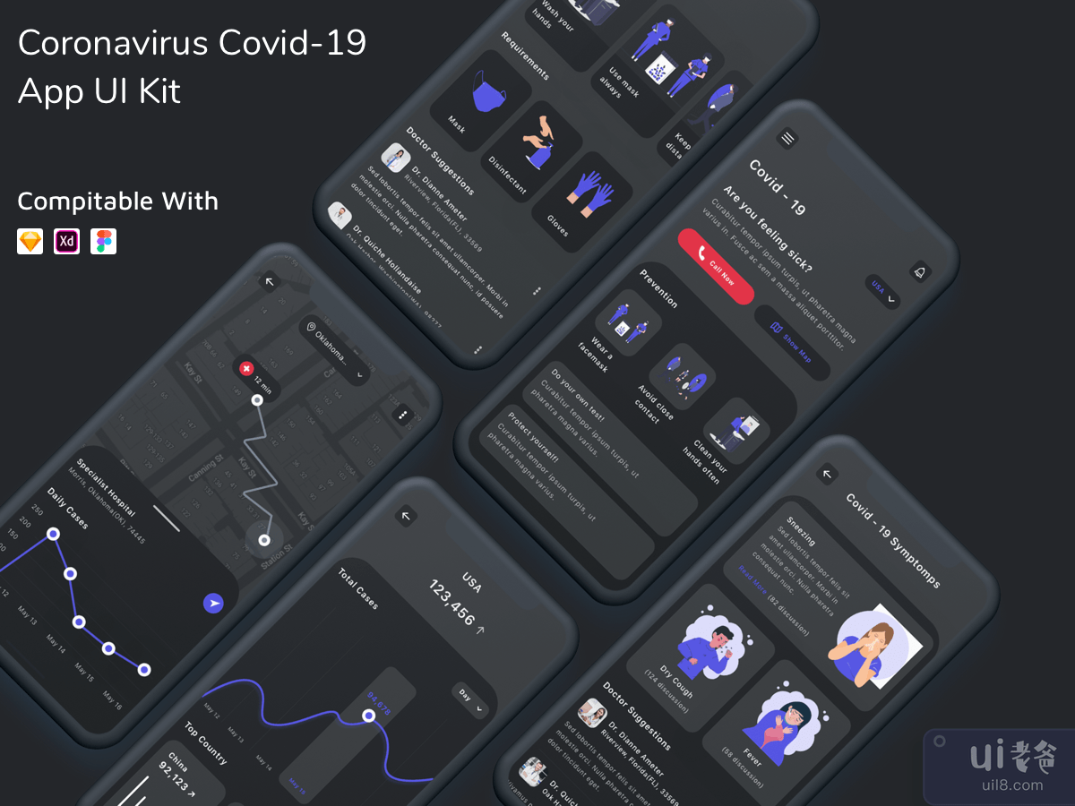 Coronavirus Covid - 19 App UI Kit Dark Mode